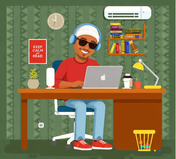 Illustration of Samuel Muriuki coding at a desk with multiple screens